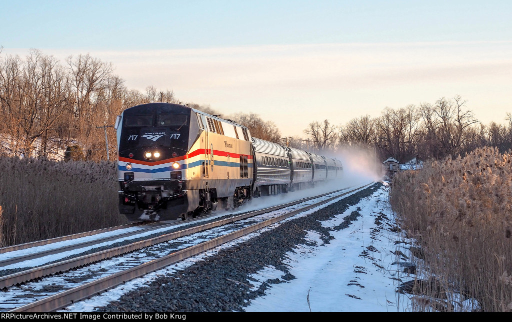 The Eeth at Nutten Hook.  Amtrak's northbound Ethan Allen Express at Nutten Hook, NY with the sun low in the west